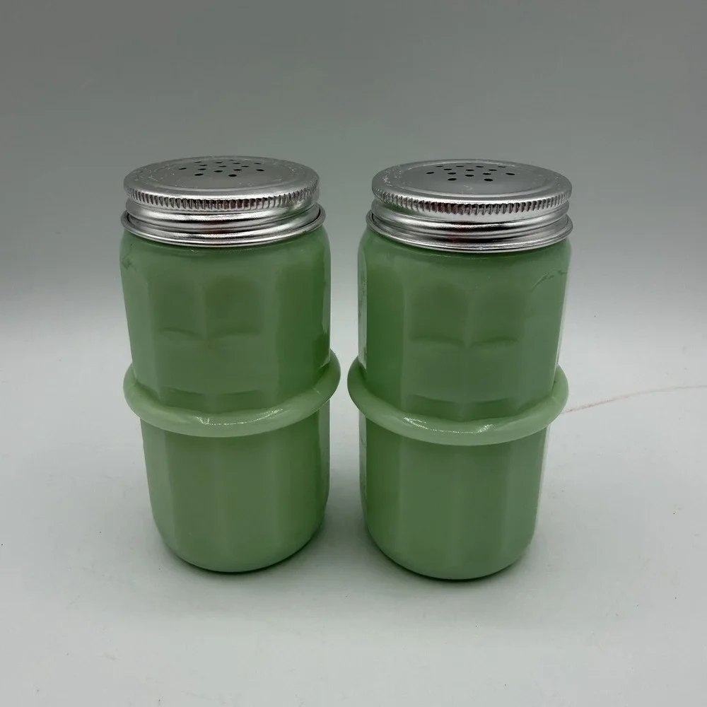 Pair of Jadeite Salt‎ & Pepper Shakers Barrel Shaped Paneled w/ Aluminium Lids